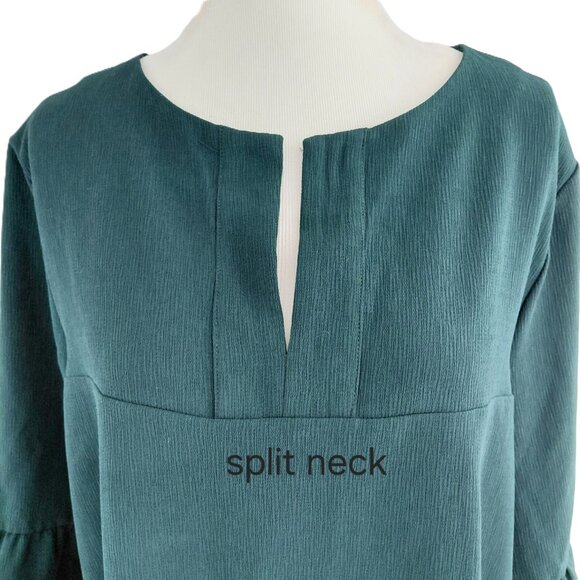 Ellie Kai Popover Blouse Size XL Hunter Green Ruffled Bell Sleeve Textured Crepe - Picture 2 of 10